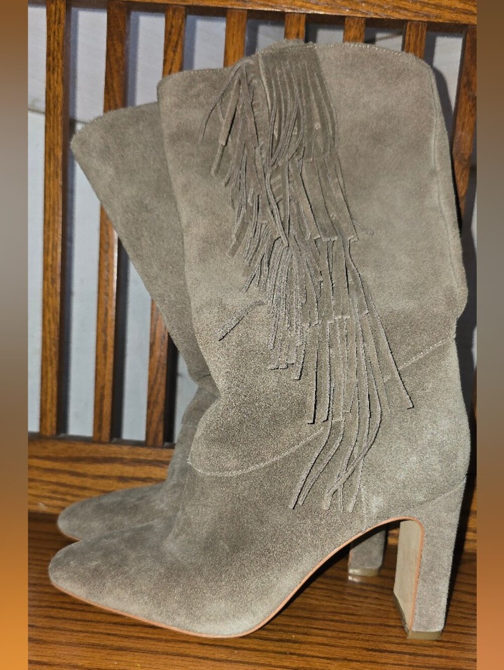 Vince Camuto Sterla Suede Fringe Mid-Calf Boots Boho Western Taupe Size: 5.5
